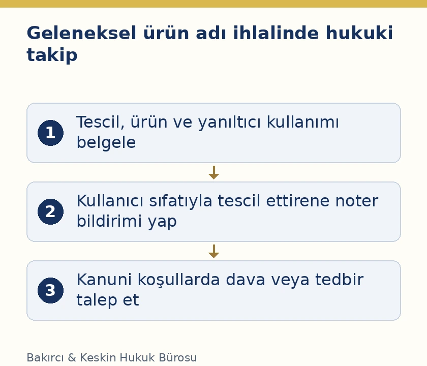 Geleneksel &uuml;r&uuml;n adında ihlal tespiti, noter bildirimi ve dava s&uuml;recinin ayrılması