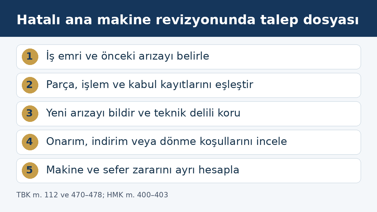 Ana makine revizyonu ayıbında iş kapsamından teknik delil ve zarar hesabına uzanan inceleme