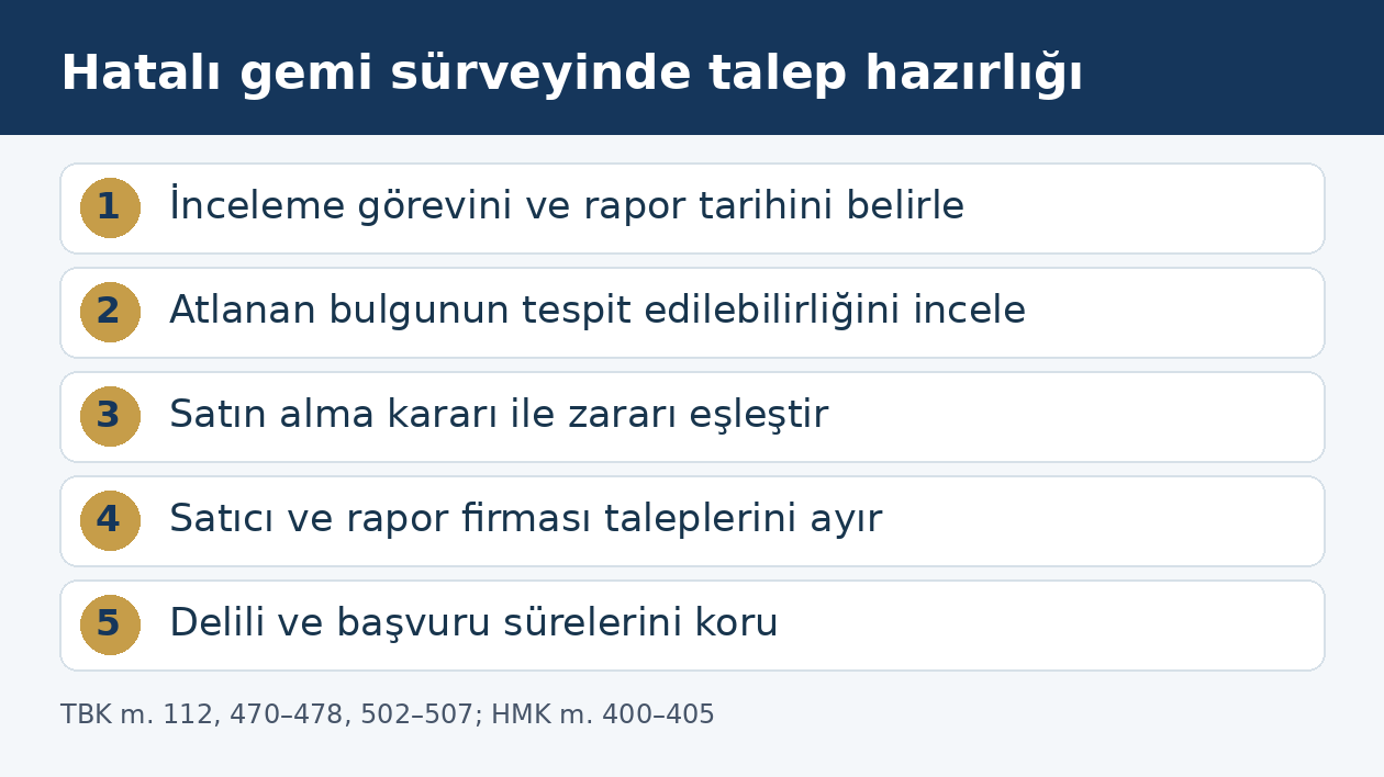 Ticari gemi alımından &ouml;nceki s&uuml;rvey raporuna ilişkin kapsam, teknik bulgu, zarar ve başvuru sırası