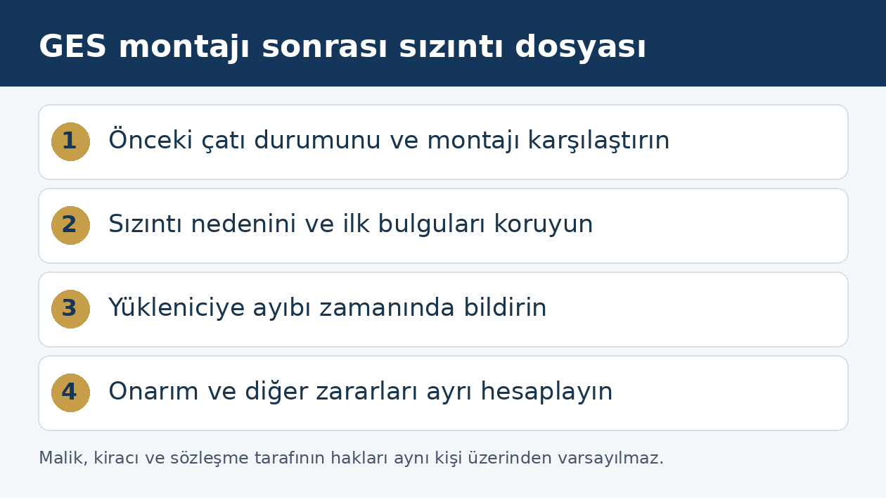 GES montajından sonra fabrika &ccedil;atısının akması halinde delil, bildirim ve zarar hesabı adımları