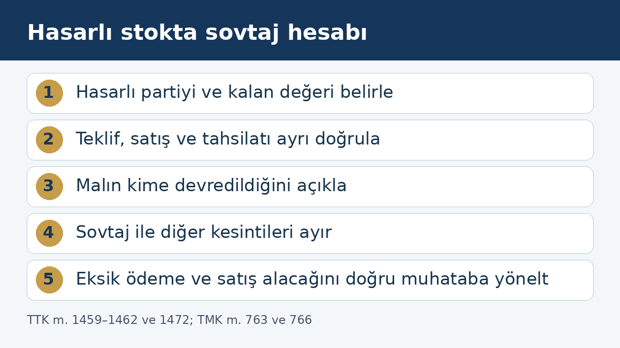 Hasarlı ticari stokta değerleme, satış, m&uuml;lkiyet ve &ouml;deme kontrol aşamaları