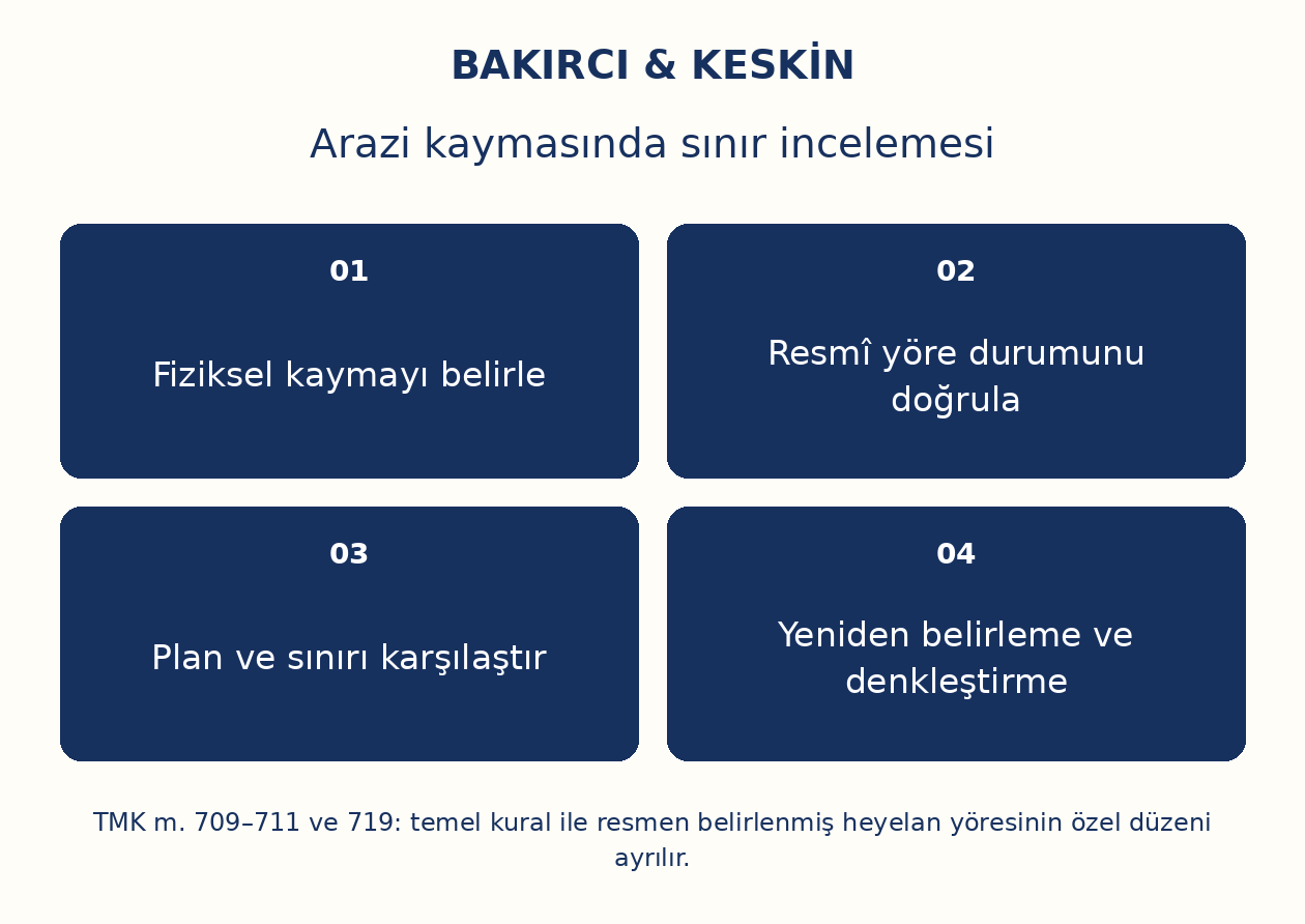Arazi kaymasında sınır incelemesi: Fiziksel kaymayı belirle, Resm&icirc; y&ouml;re durumunu doğrula, Plan ve sınırı karşılaştır, Yeniden belirleme ve denkleştirme