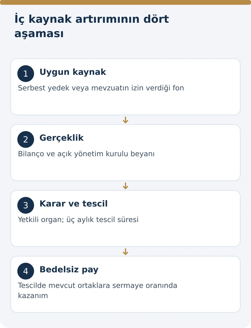 İ&ccedil; Kaynaklardan Sermaye Artırımı ve Bedelsiz Pay Hakkı: TTK 462 &ndash; kanuni koşullar şeması