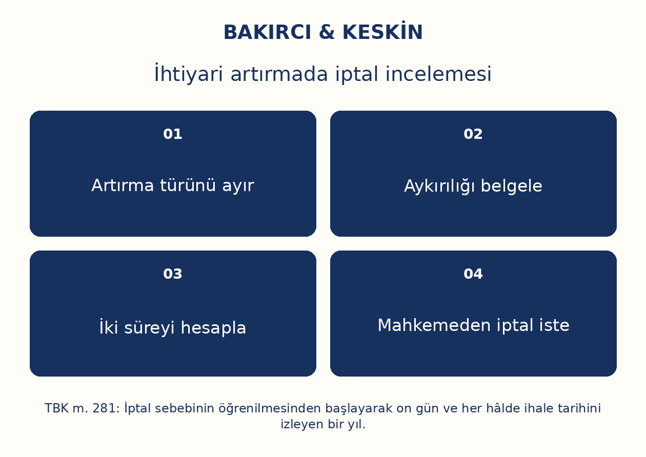 İhtiyari artırmada iptal incelemesi: Artırma türünü ayır, Aykırılığı belgele, İki süreyi hesapla, Mahkemeden iptal iste