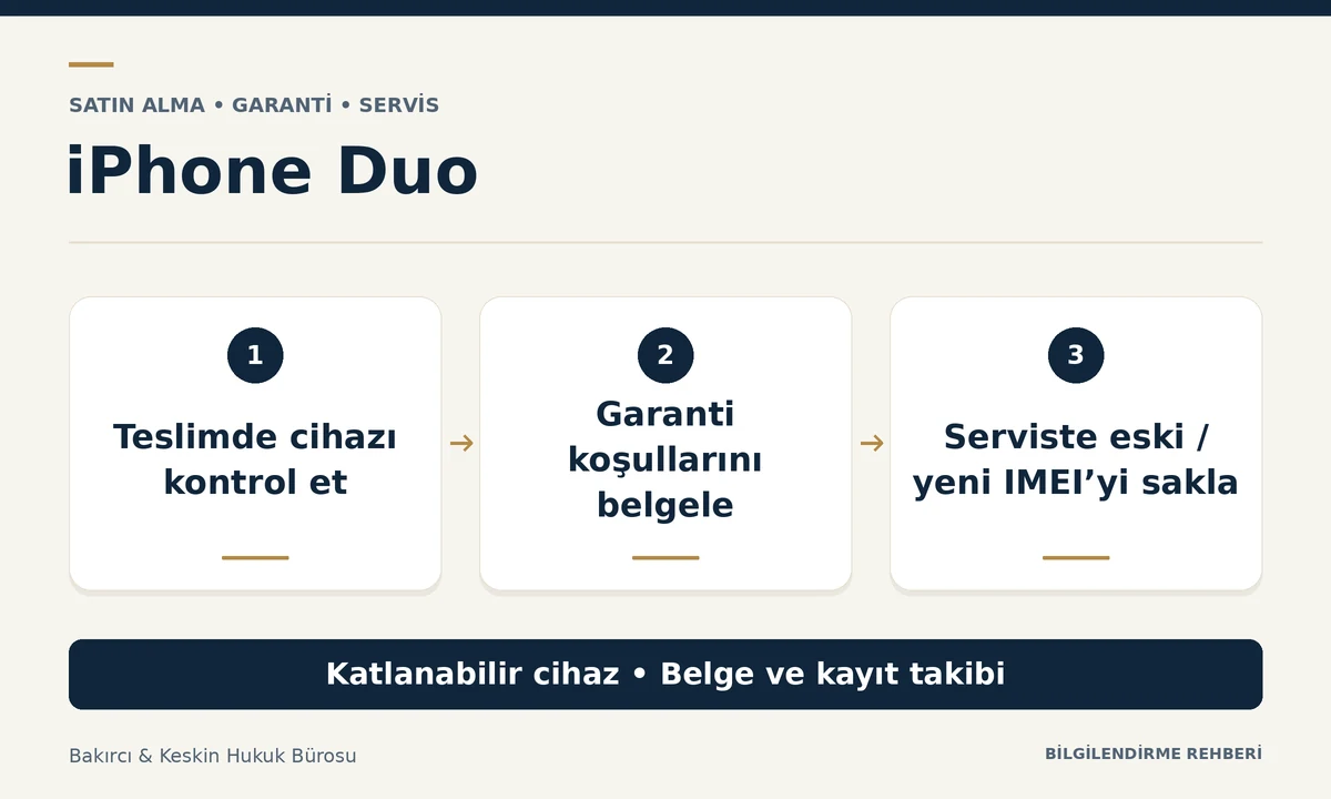 Yurt dışından alınan iPhone Duo i&ccedil;in T&uuml;rkiye&rsquo;de teslim kontrol&uuml;, garanti belgesi ve servis değişiminde eski yeni IMEI takibi