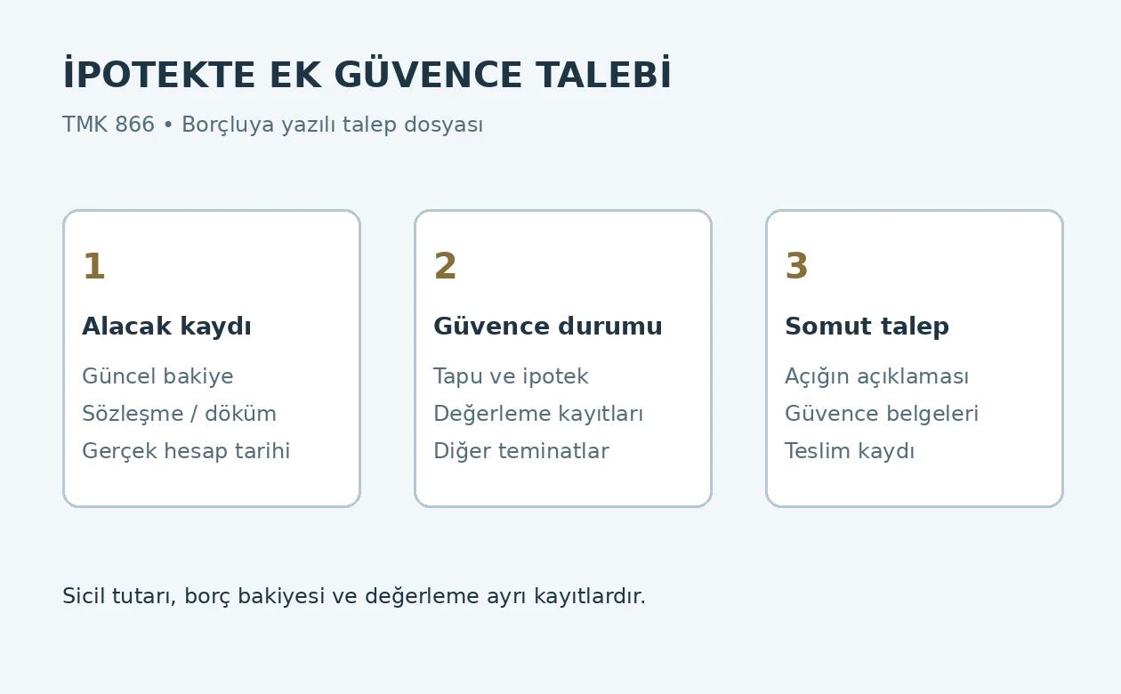 İpotekli taşınmaz için alacak bakiyesi, değer kaybı ve ek güvence talebinin karşılaştırılması