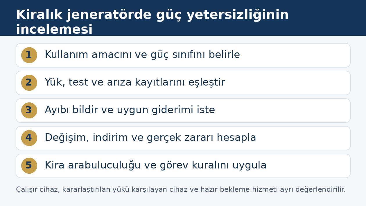 Jeneratör kiralamasında yetersiz güç ve ayıp taleplerinin inceleme adımları