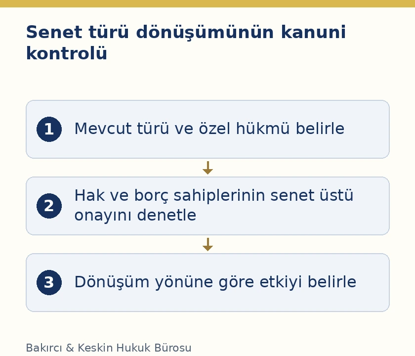 Kıymetli evrakın t&uuml;r&uuml; değiştirilirken &ouml;zel kanuni kurallar, b&uuml;t&uuml;n ilgililerin muvafakati ve d&ouml;n&uuml;ş&uuml;m y&ouml;n&uuml;n&uuml;n kontrol&uuml;