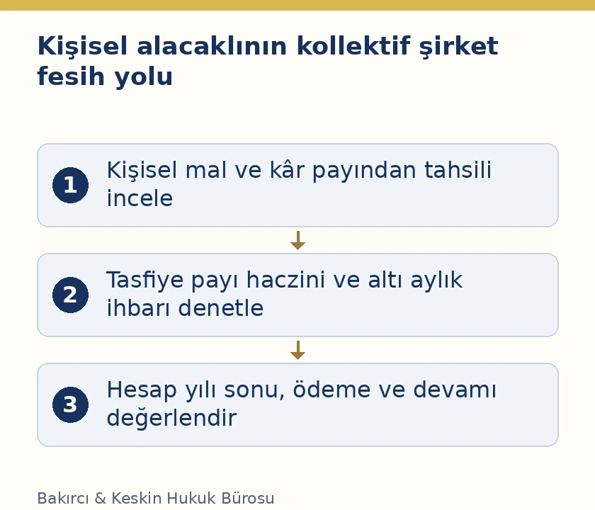 Kollektif ortağın kişisel alacaklısının tahsil edilememe, tasfiye payı haczi, altı aylık ihbar ve şirketin devamı koşulları