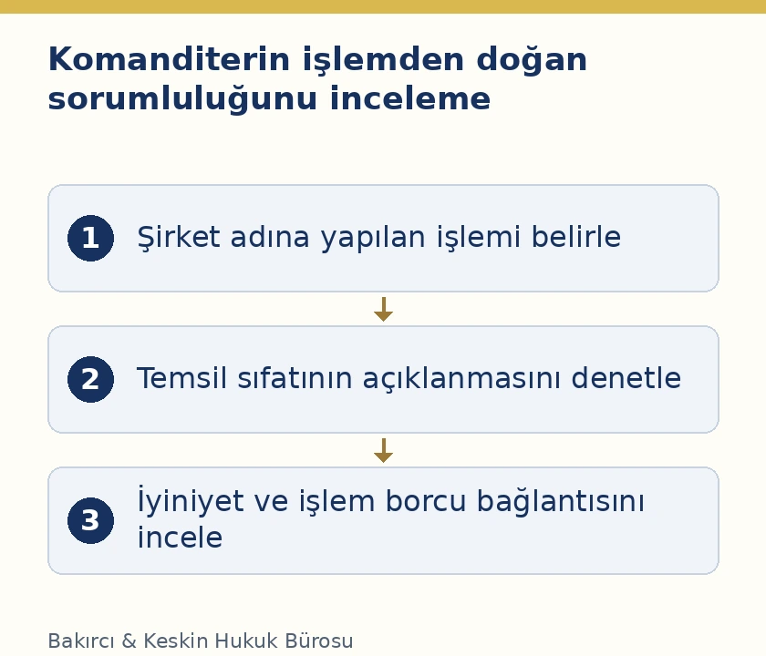 Komanditerin şirket adına işleminde a&ccedil;ık temsil sıfatı, &uuml;&ccedil;&uuml;nc&uuml; kişinin iyiniyeti ve işlem bazındaki sorumluluk