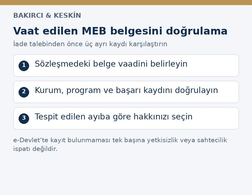 MEB sertifikası uyuşmazlığında vaat, resmî kayıt ve tüketici hakkı kontrolünün üç aşaması