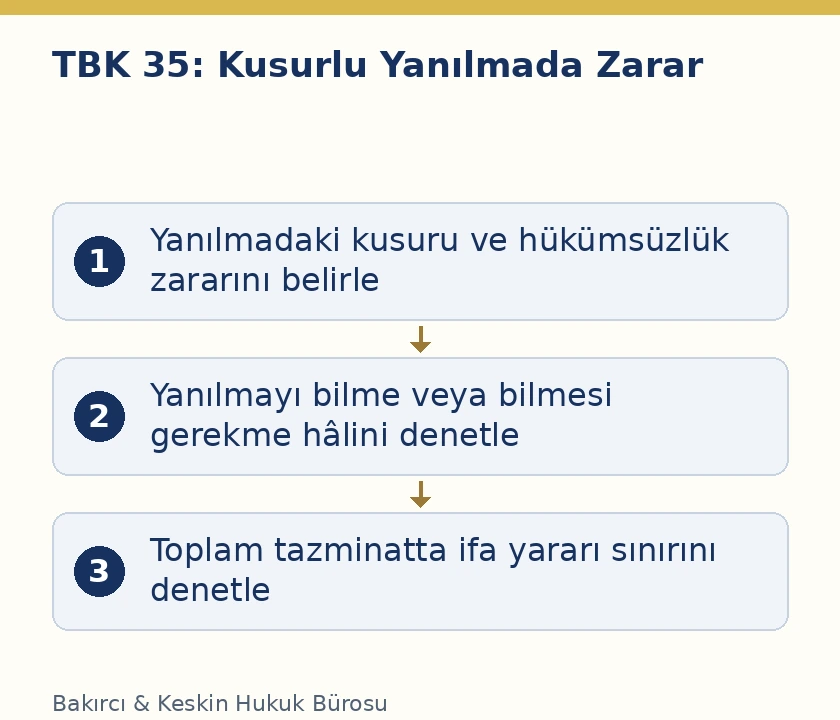 TBK 35 kusurlu yanılma, karşı tarafın bilgi istisnası ve tazminatın kapsamı
