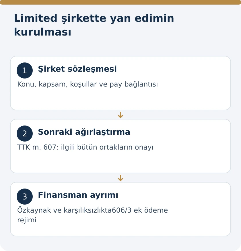 Limited Şirkette Yan Edim Y&uuml;k&uuml;ml&uuml;l&uuml;ğ&uuml;: Ortağa İş, Mal ve Hizmet Borcu &ndash; kanuni koşullar şeması