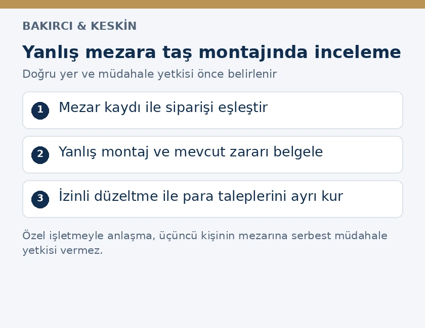 Yanlış mezara takılan taşta mezar kaydı, montaj delili ve hukuka uygun d&uuml;zeltme sırası