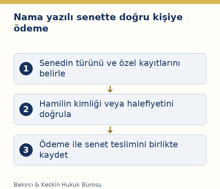 Nama yazılı senette &ouml;deme &ouml;ncesinde senet t&uuml;r&uuml;, hak sahibi veya hukuki halefin ispatı ve asıl senedin teslimi