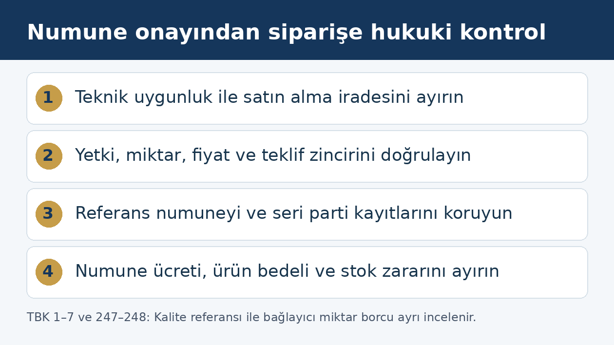 Numune onayı, satın alma yetkisi, seri parti ve stok bedeli i&ccedil;in hukuki kontrol sırası