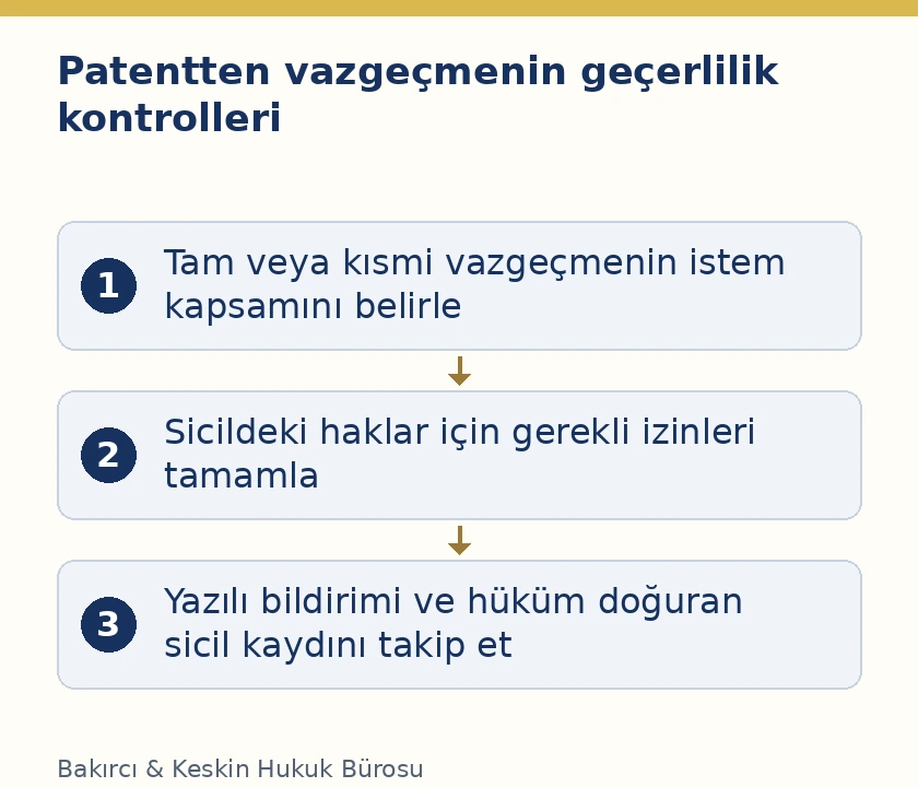 Patentten vazge&ccedil;mede istemler, kayıtlı hak sahiplerinin izni ve sicile kayıt akışı