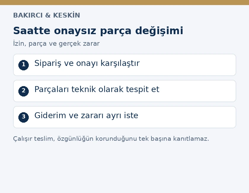 Saat tamirinde izinsiz par&ccedil;a değişiminde onay kaydı, teknik tespit ve giderim adımları