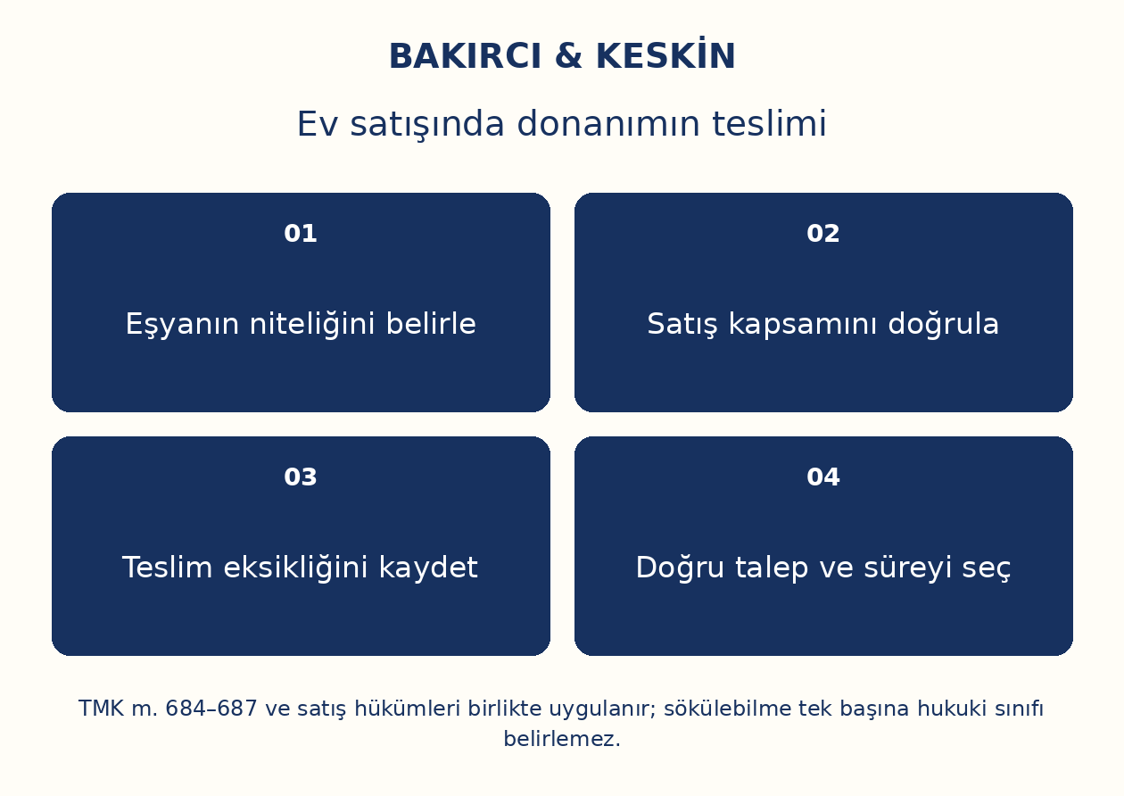 Ev satışında donanımın teslimi: Eşyanın niteliğini belirle, Satış kapsamını doğrula, Teslim eksikliğini kaydet, Doğru talep ve süreyi seç