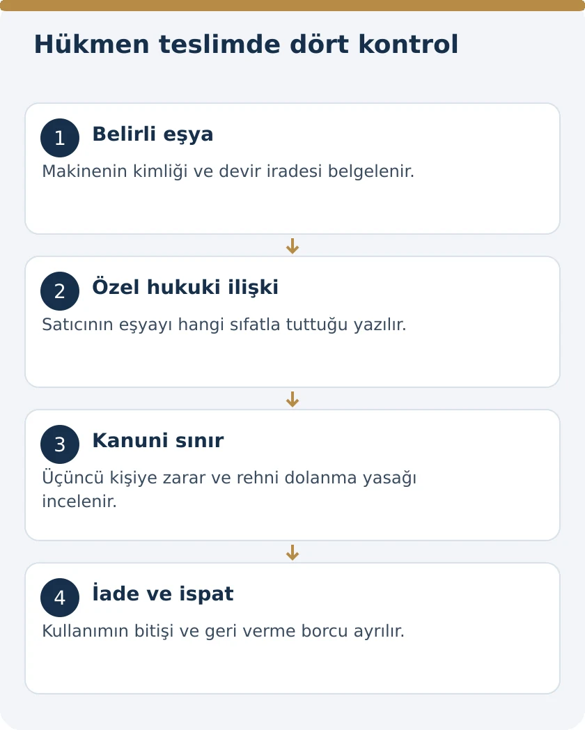 Satılan Makine Satıcıda Kalırsa M&uuml;lkiyet Ge&ccedil;er mi? H&uuml;kmen Teslim &ndash; kanuni koşullar şeması