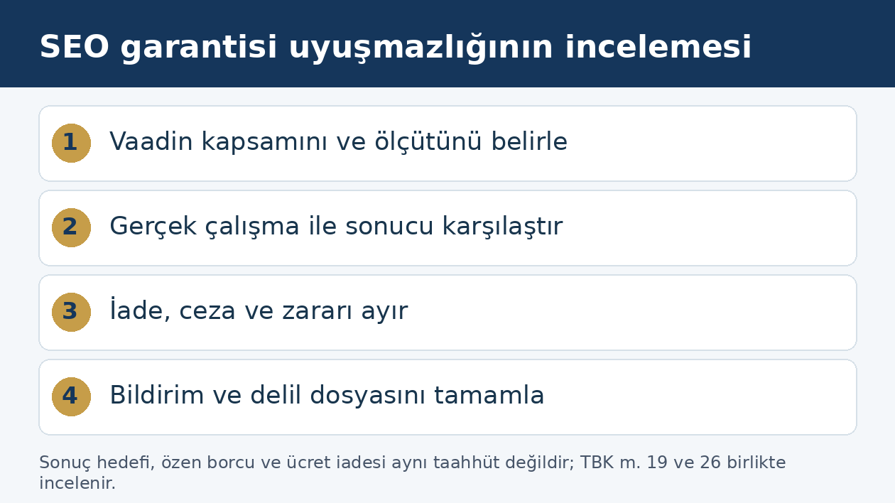 SEO ajansı garantisinin vaat, ifa, iade ve delil &uuml;zerinden incelenmesini g&ouml;steren şema