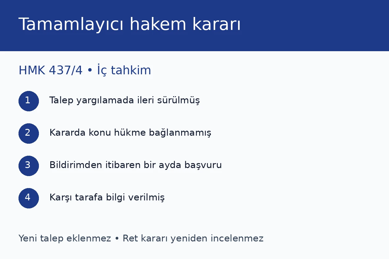 Tamamlayıcı hakem kararı talebinin HMK 437/4 başvuru koşulları