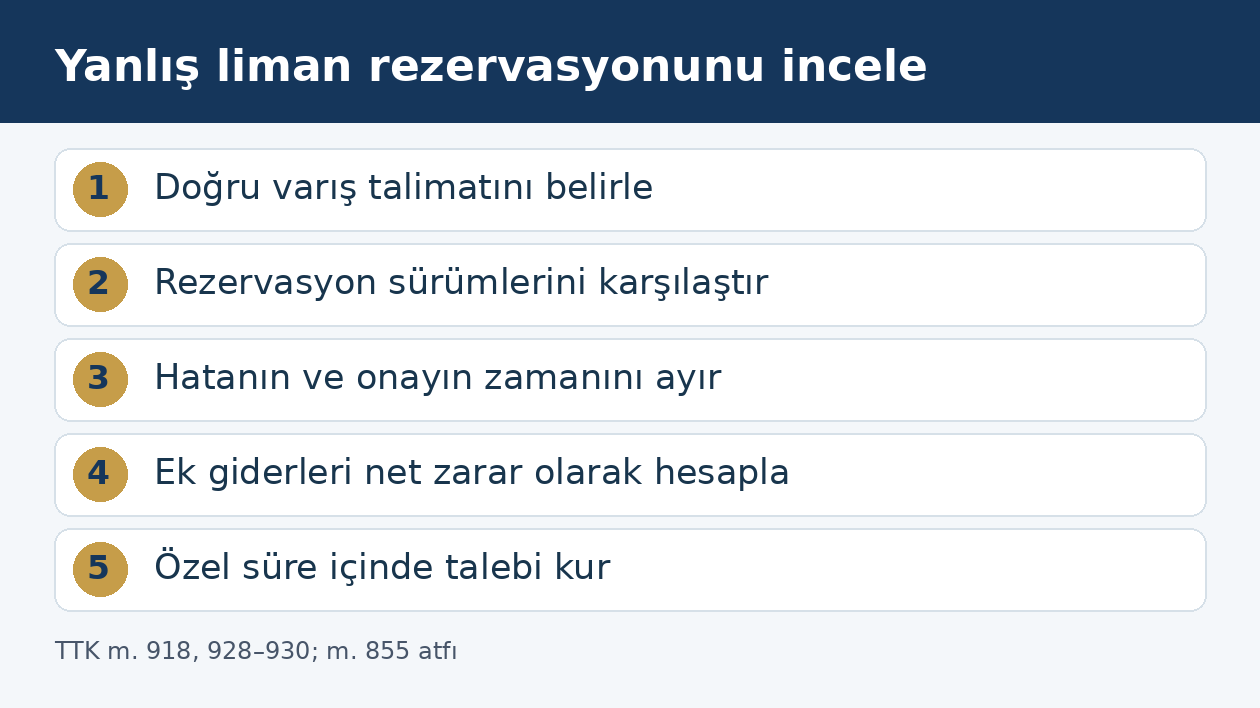 Yanlış varış limanı rezervasyonunda talimat, kayıt, onay, net zarar ve s&uuml;re incelemesi