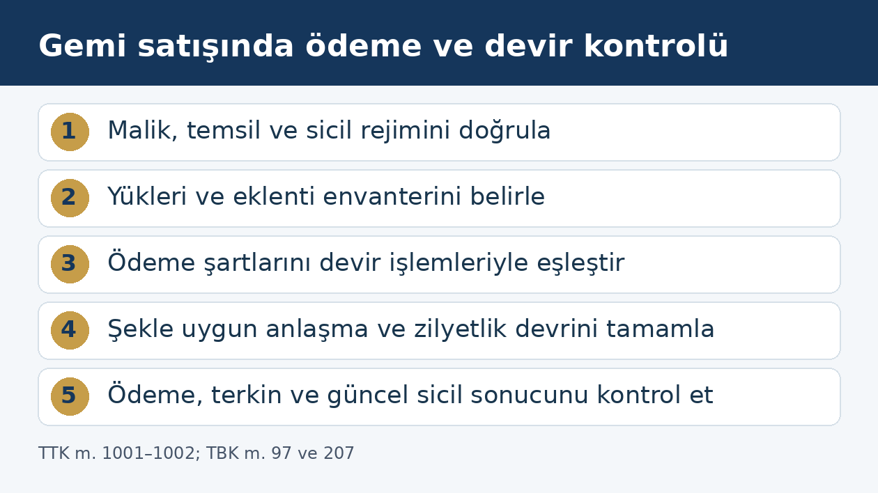Ticari gemi satışında malik incelemesinden ödeme ve devir sonucuna uzanan kontrol sırası