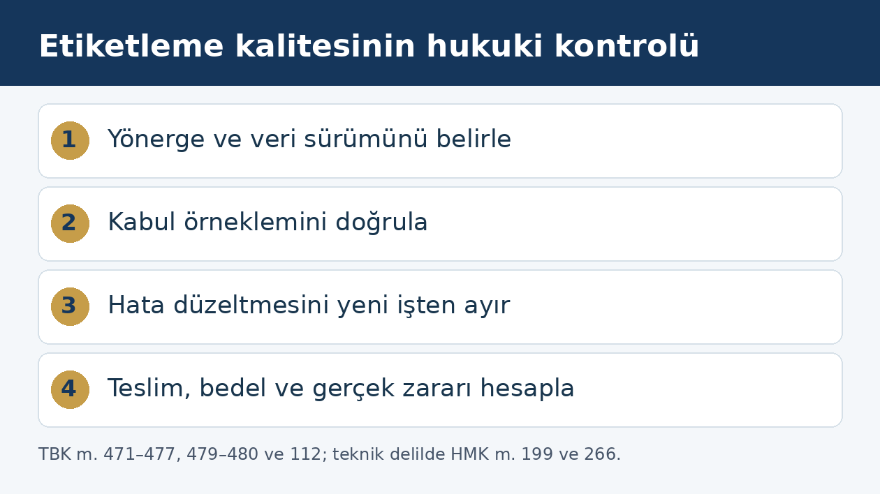 Hatalı veri etiketleme tesliminde y&ouml;nerge, &ouml;rneklem, d&uuml;zeltme, &uuml;cret ve zarar kontrol&uuml;