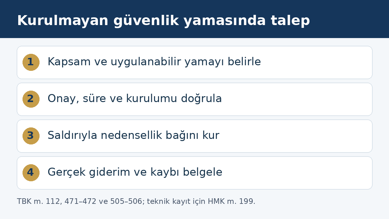G&uuml;venlik yamasının kurulmamasında s&ouml;zleşme, onay, kurulum, saldırı bağlantısı ve zarar incelemesi
