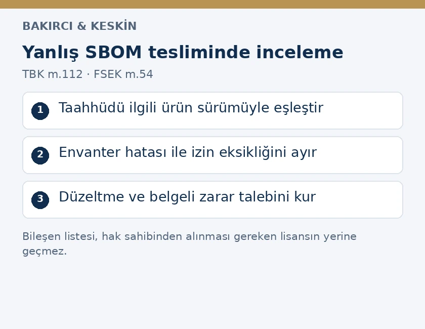 SBOM taahh&uuml;d&uuml;, &uuml;r&uuml;n s&uuml;r&uuml;m&uuml;, envanter hatası ve lisans eksikliği i&ccedil;in hukuki inceleme