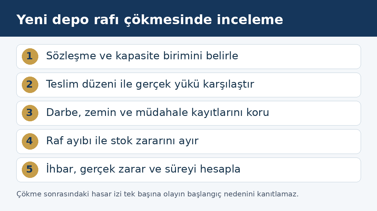 Depo rafı &ccedil;&ouml;kmesinde kapasite, y&uuml;k, montaj, stok zararı ve hukuki talep akışı